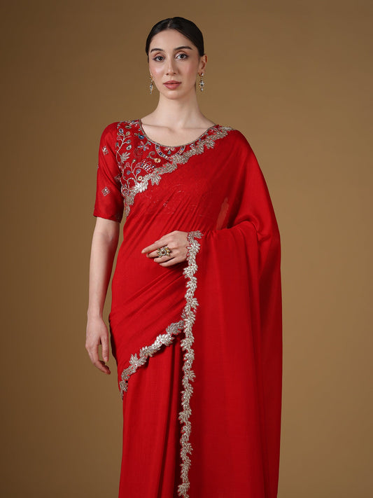Red Embroidered Silk Saree with Zardozi Border & Embellished Blouse - Ressa