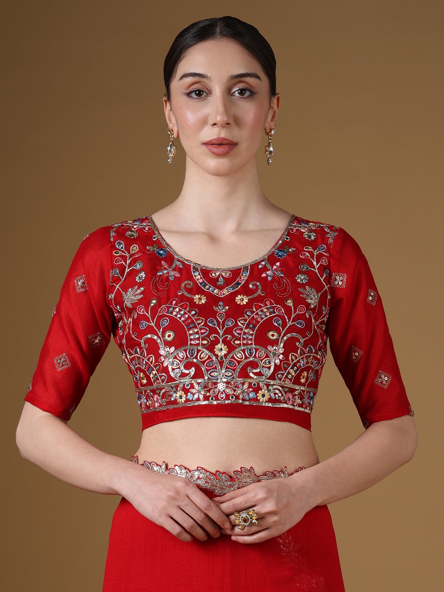 Red Embroidered Silk Saree with Zardozi Border & Embellished Blouse - Ressa