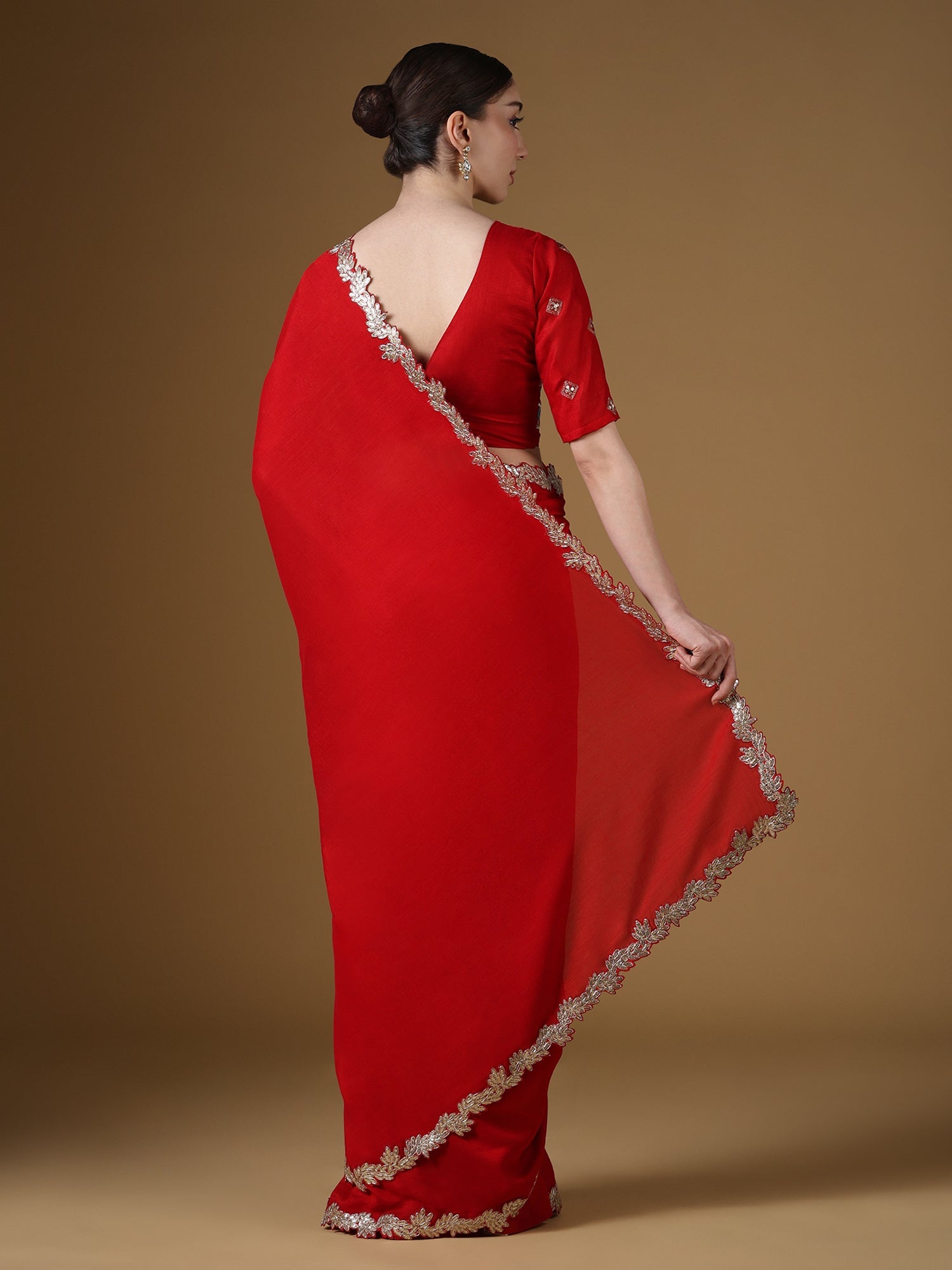 Red Embroidered Silk Saree with Zardozi Border & Embellished Blouse - Ressa