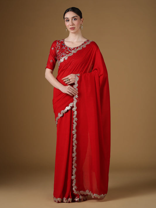 Red Embroidered Silk Saree with Zardozi Border & Embellished Blouse - Ressa
