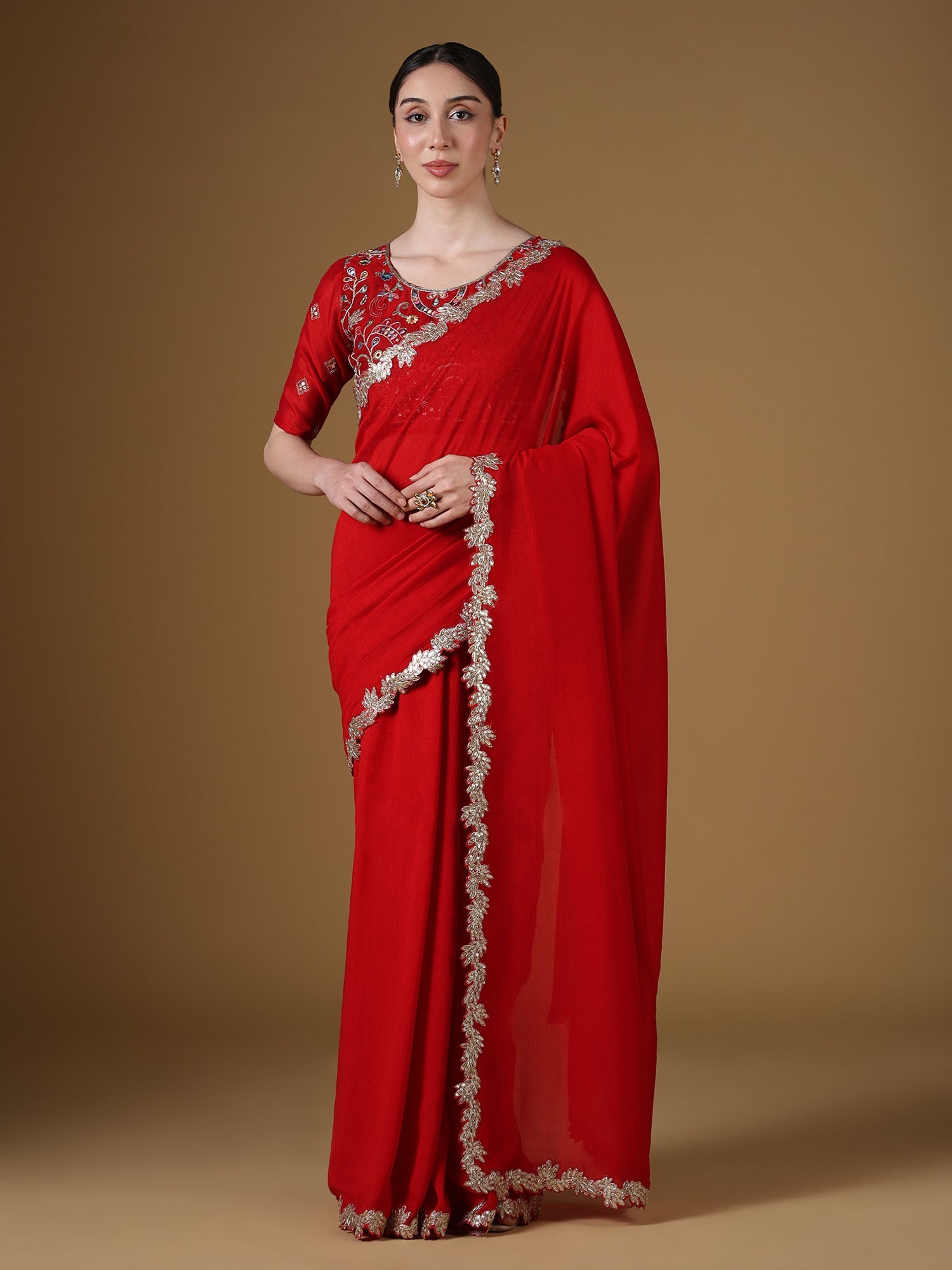 Red Embroidered Silk Saree with Zardozi Border & Embellished Blouse - Ressa