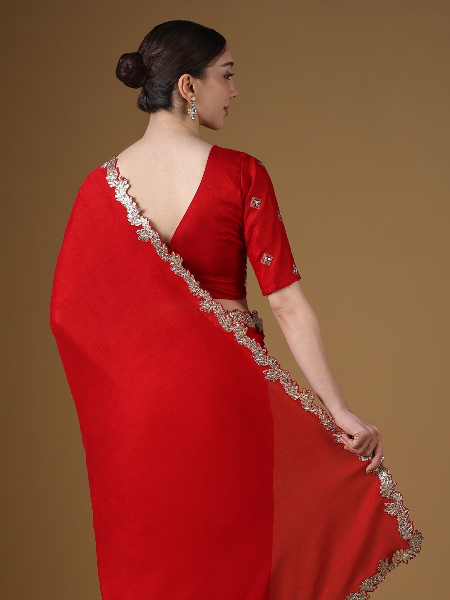 Red Embroidered Silk Saree with Zardozi Border & Embellished Blouse - Ressa