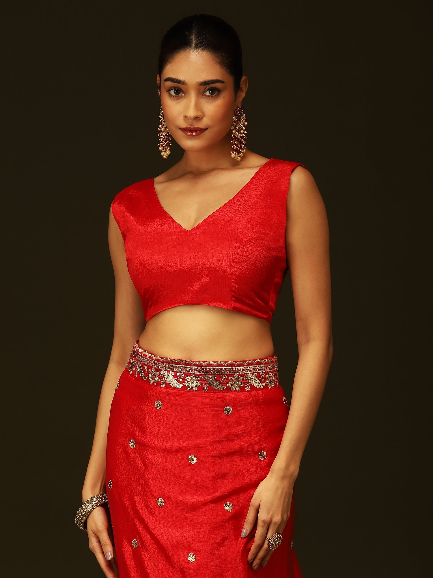 Red Embroidered Vichitra Silk Saree - Ressa