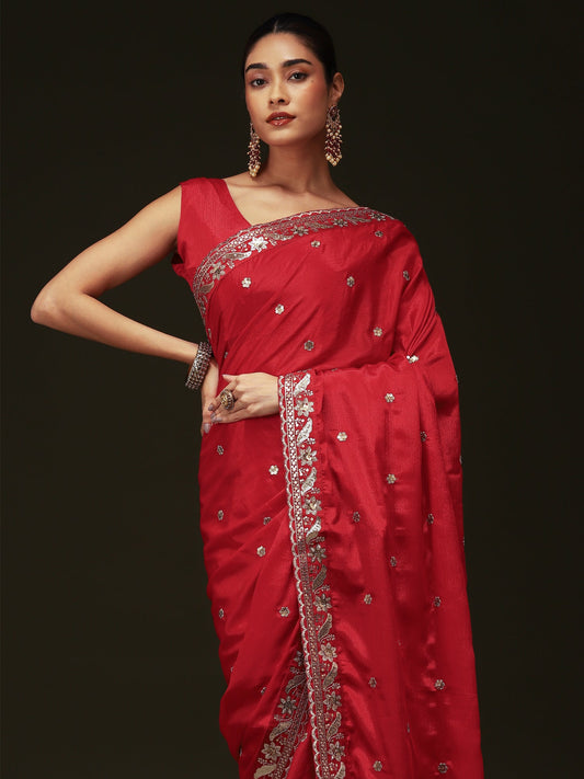 Red Embroidered Vichitra Silk Saree - Ressa