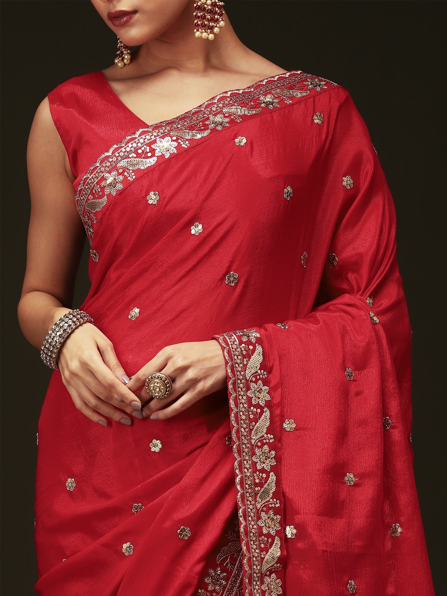 Red Embroidered Vichitra Silk Saree - Ressa
