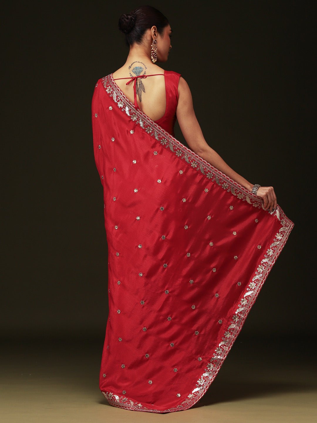 Red Embroidered Vichitra Silk Saree - Ressa