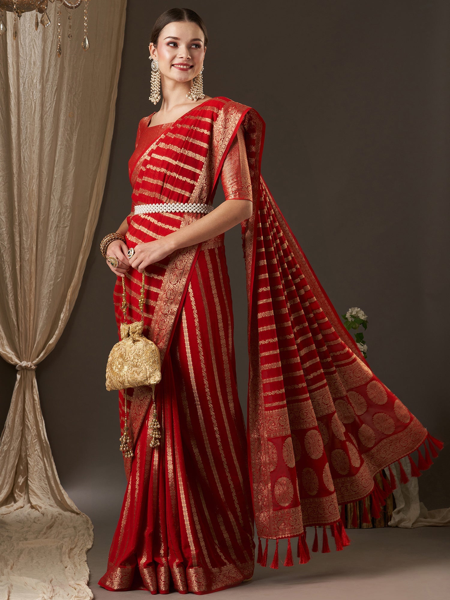 Red Floral Georgette Saree with Jari Border - Ressa