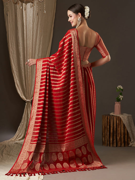 Red Floral Georgette Saree with Jari Border - Ressa