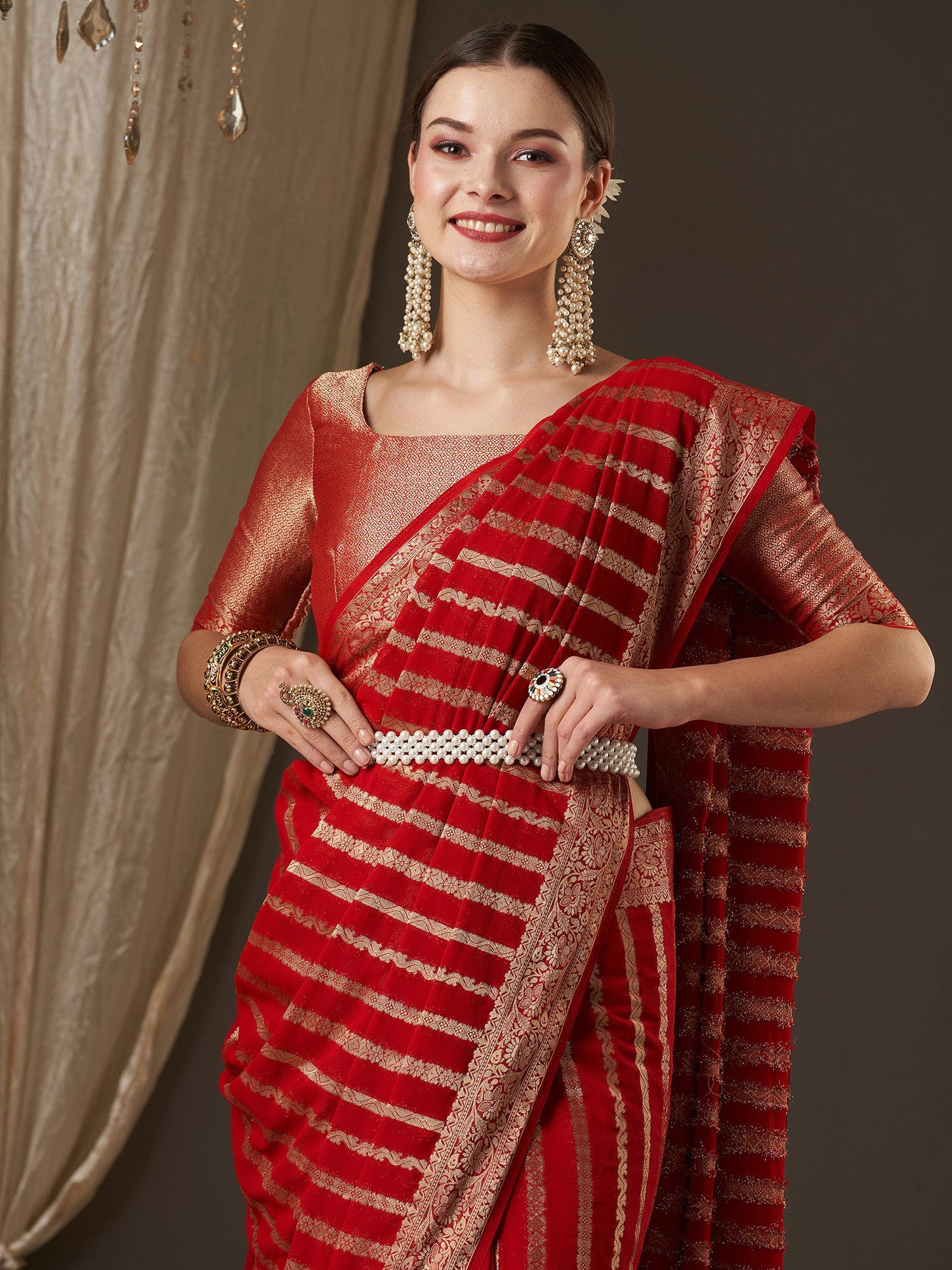Red Floral Georgette Saree with Jari Border - Ressa