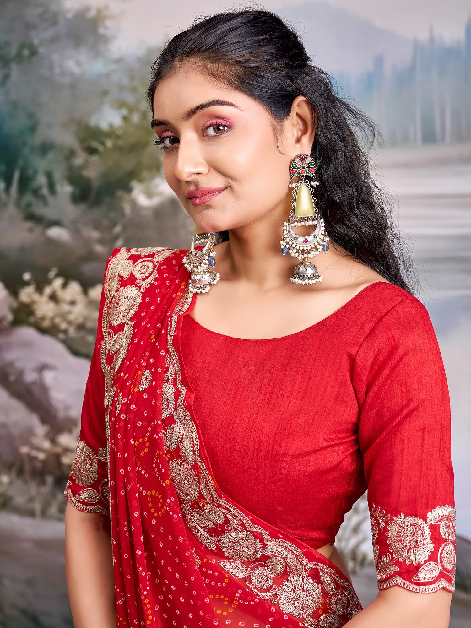 Red Geometric Motif georgette Saree - Ressa
