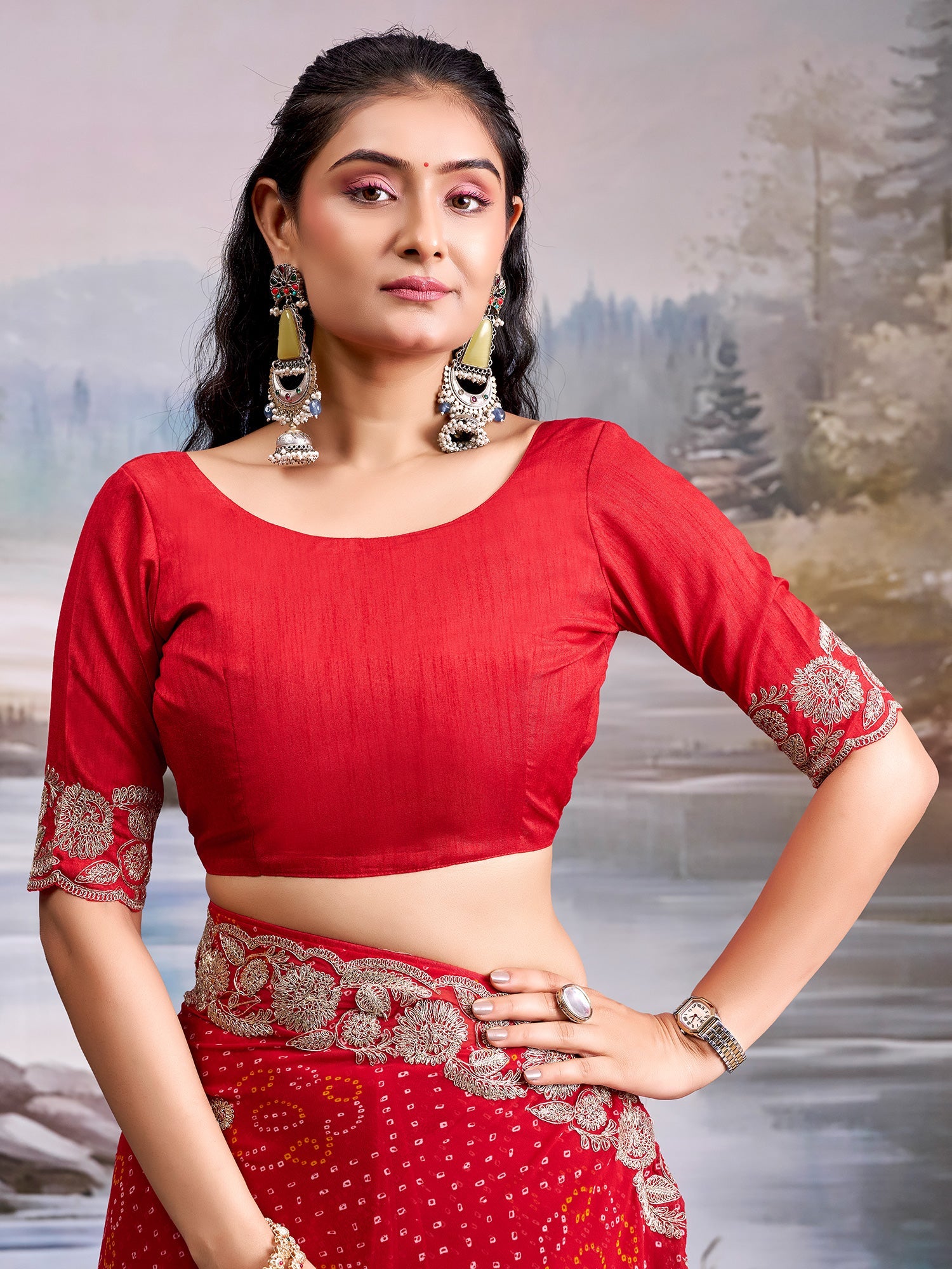 Red Geometric Motif georgette Saree - Ressa