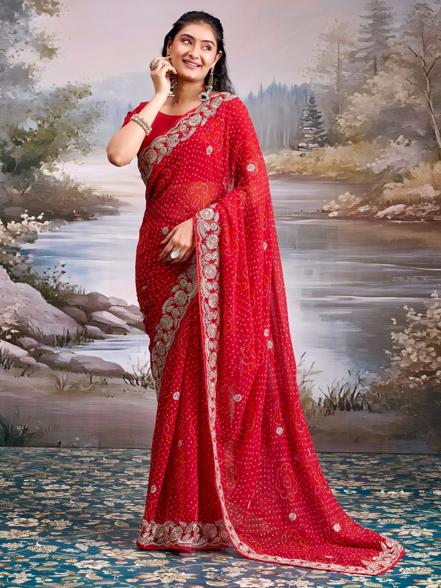 Red Geometric Motif georgette Saree - Ressa