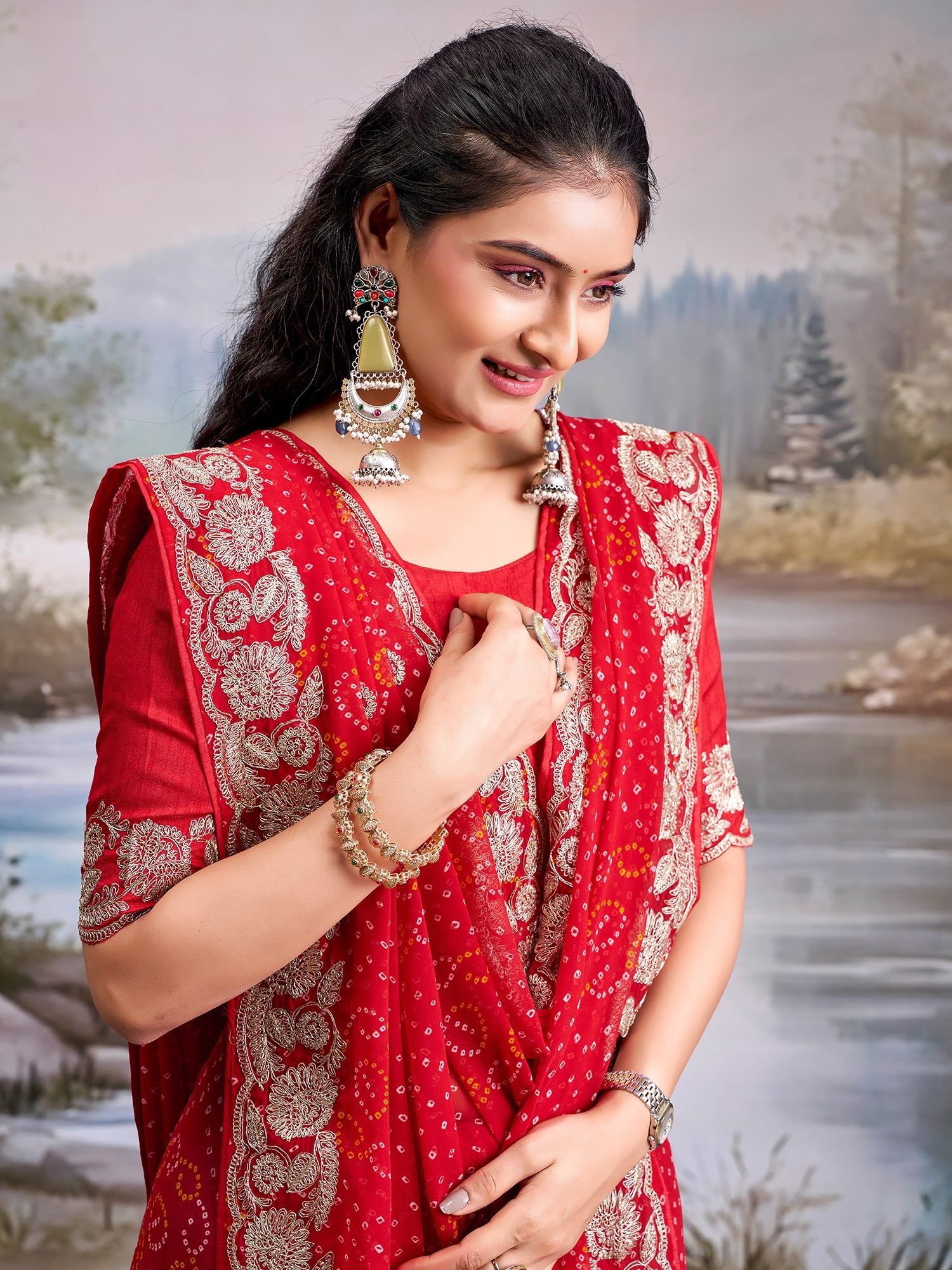 Red Geometric Motif georgette Saree - Ressa