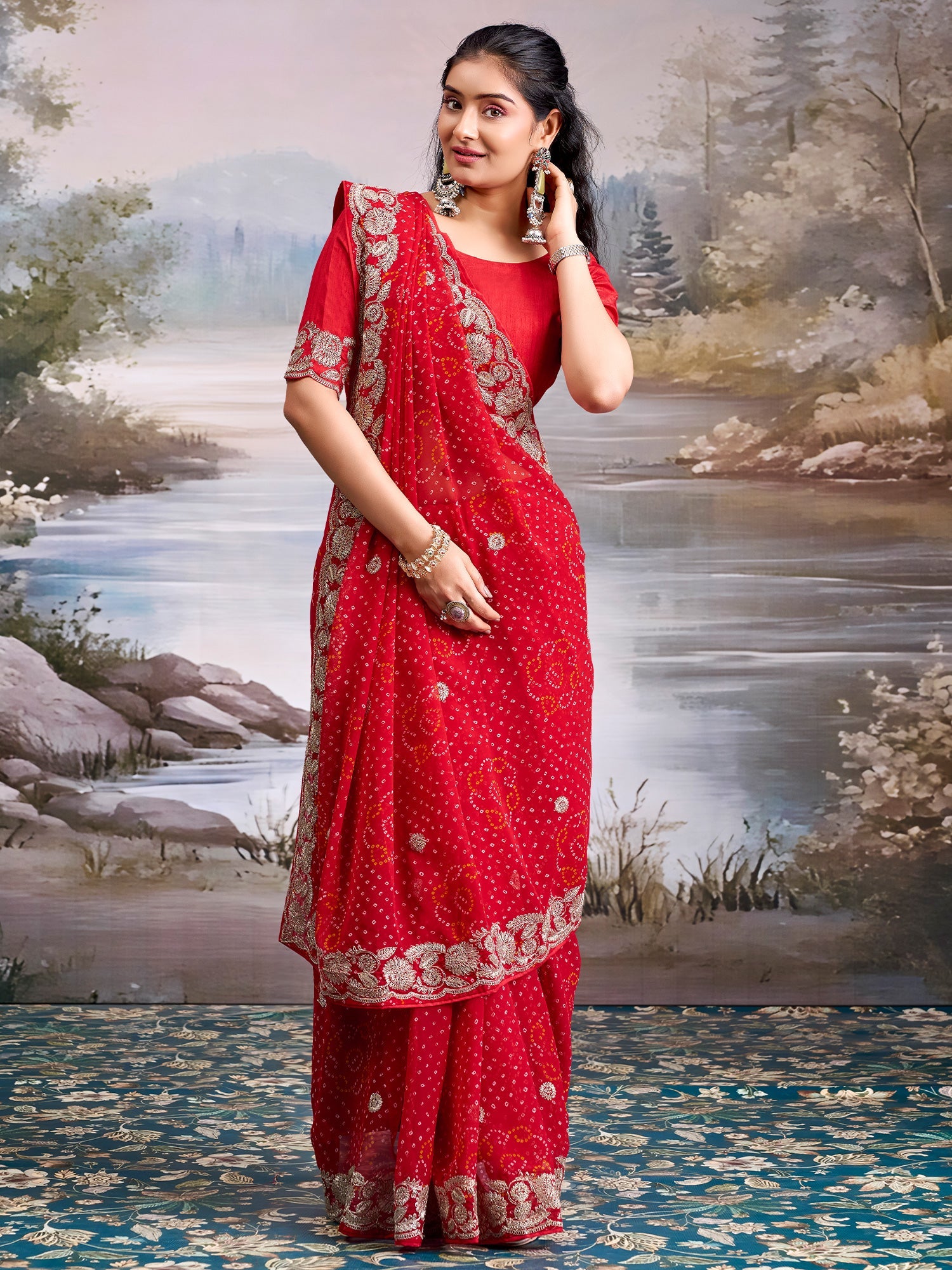 Red Geometric Motif georgette Saree - Ressa