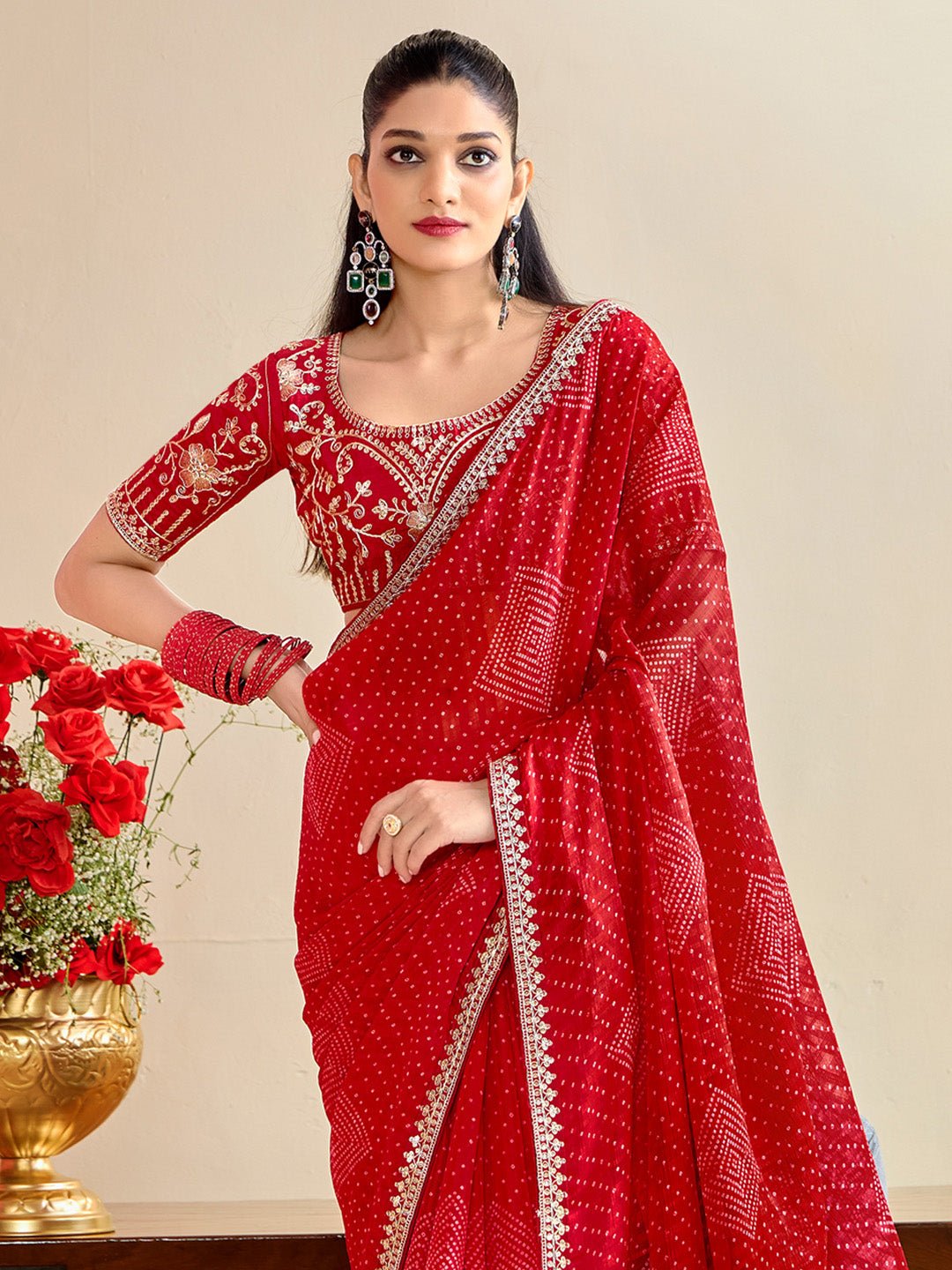 Red Georgette Bandhani Print Saree - Ressa