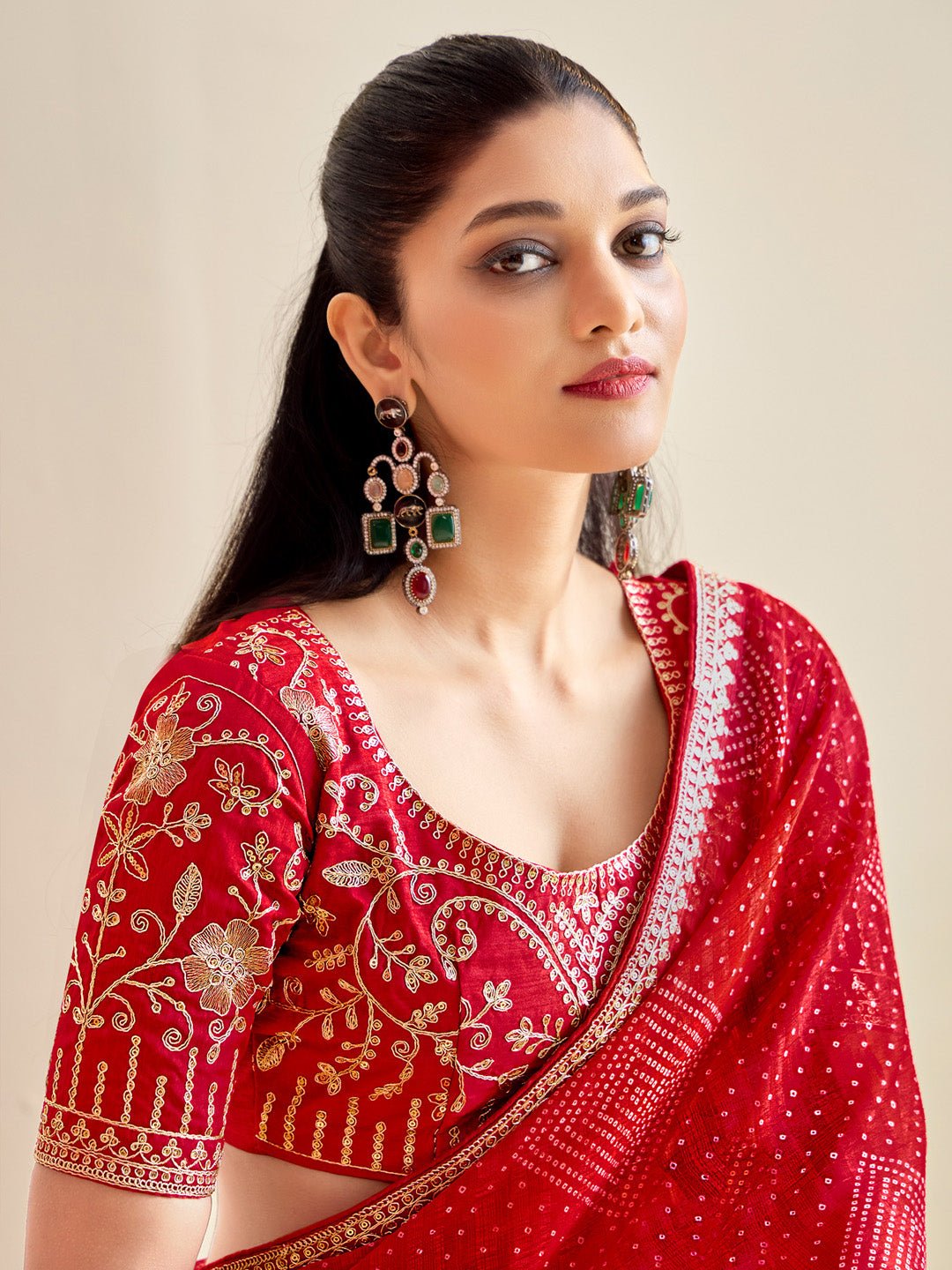 Red Georgette Bandhani Print Saree - Ressa