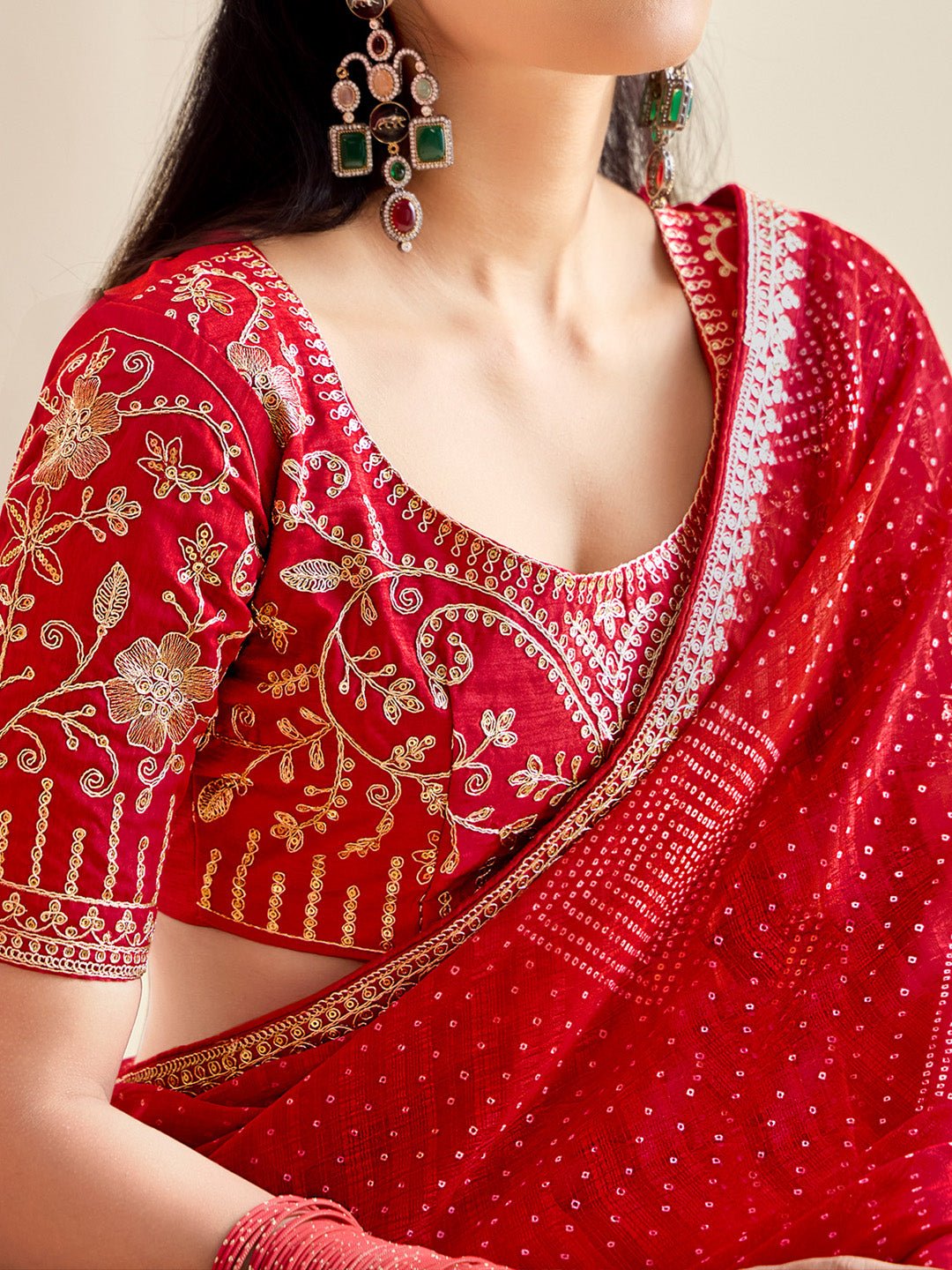 Red Georgette Bandhani Print Saree - Ressa