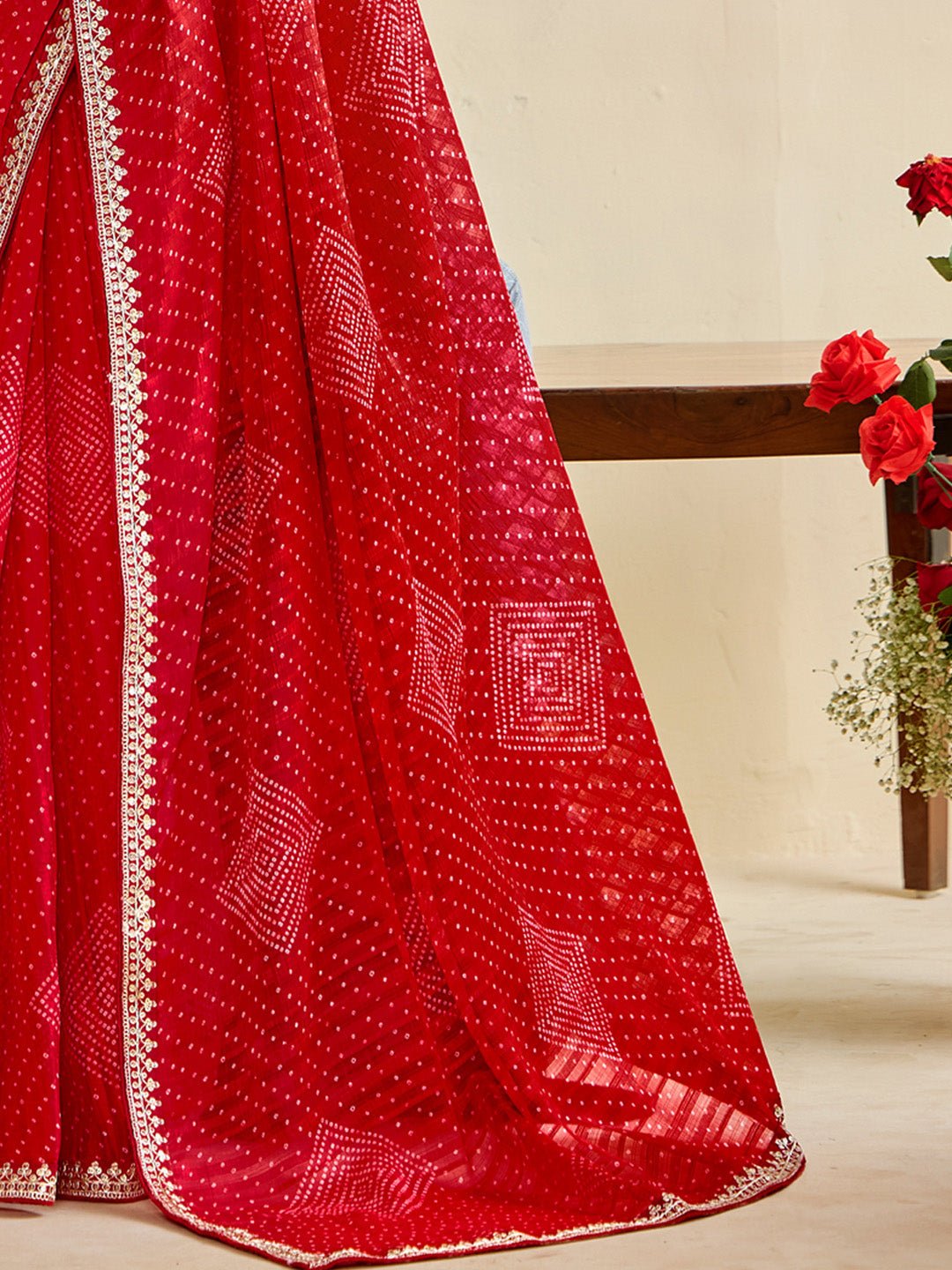 Red Georgette Bandhani Print Saree - Ressa