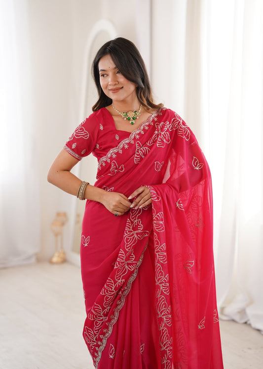 Red Georgette Embroidered Saree - Ressa