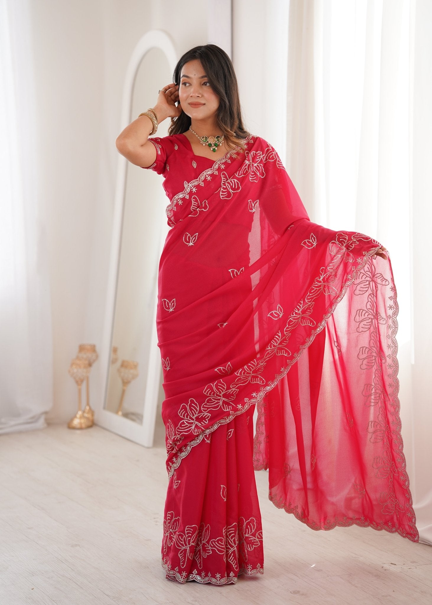 Red Georgette Embroidered Saree - Ressa