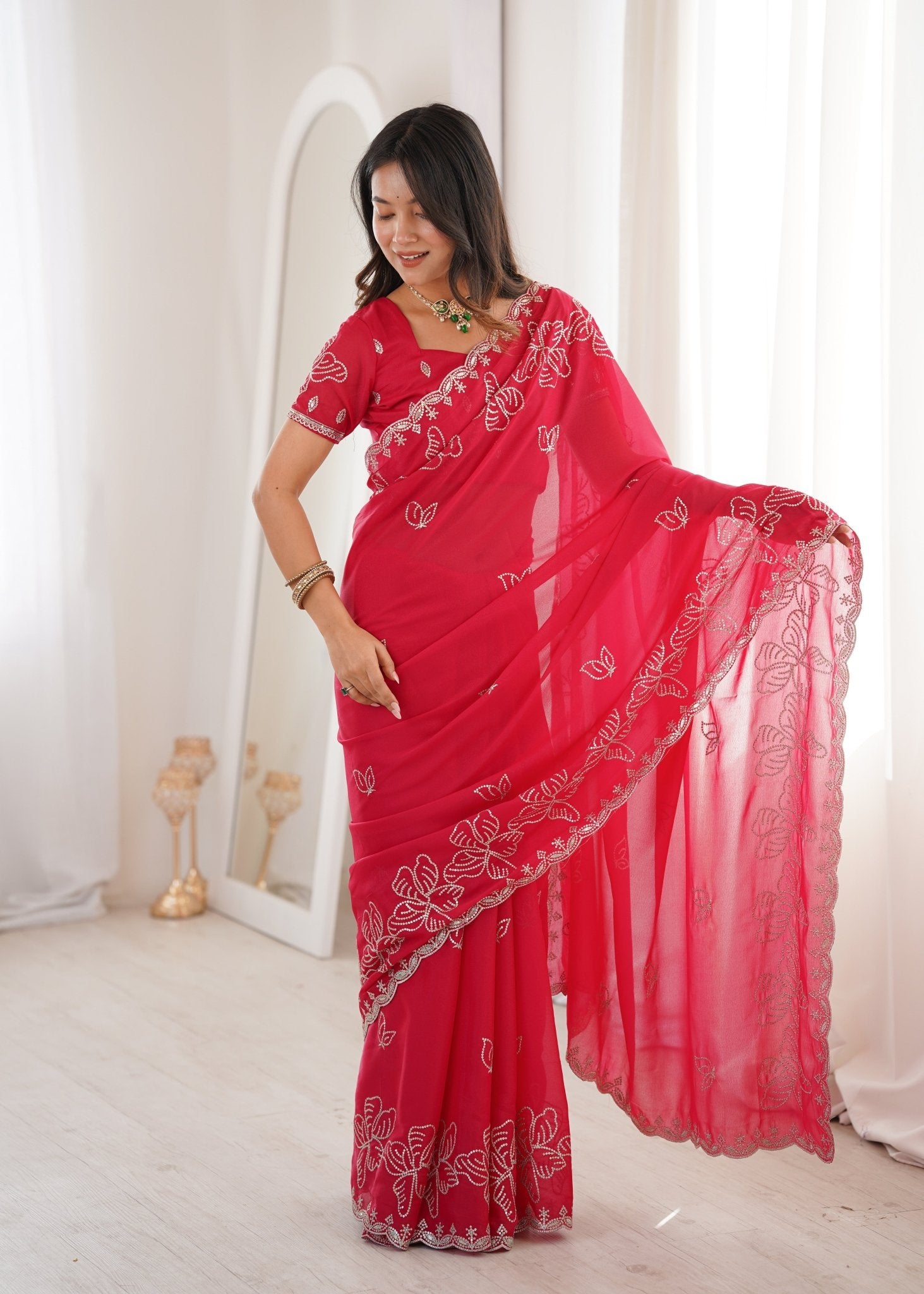 Red Georgette Embroidered Saree - Ressa
