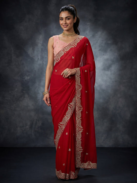 Red Georgette Embroidered Scalloped Border Saree - Ressa