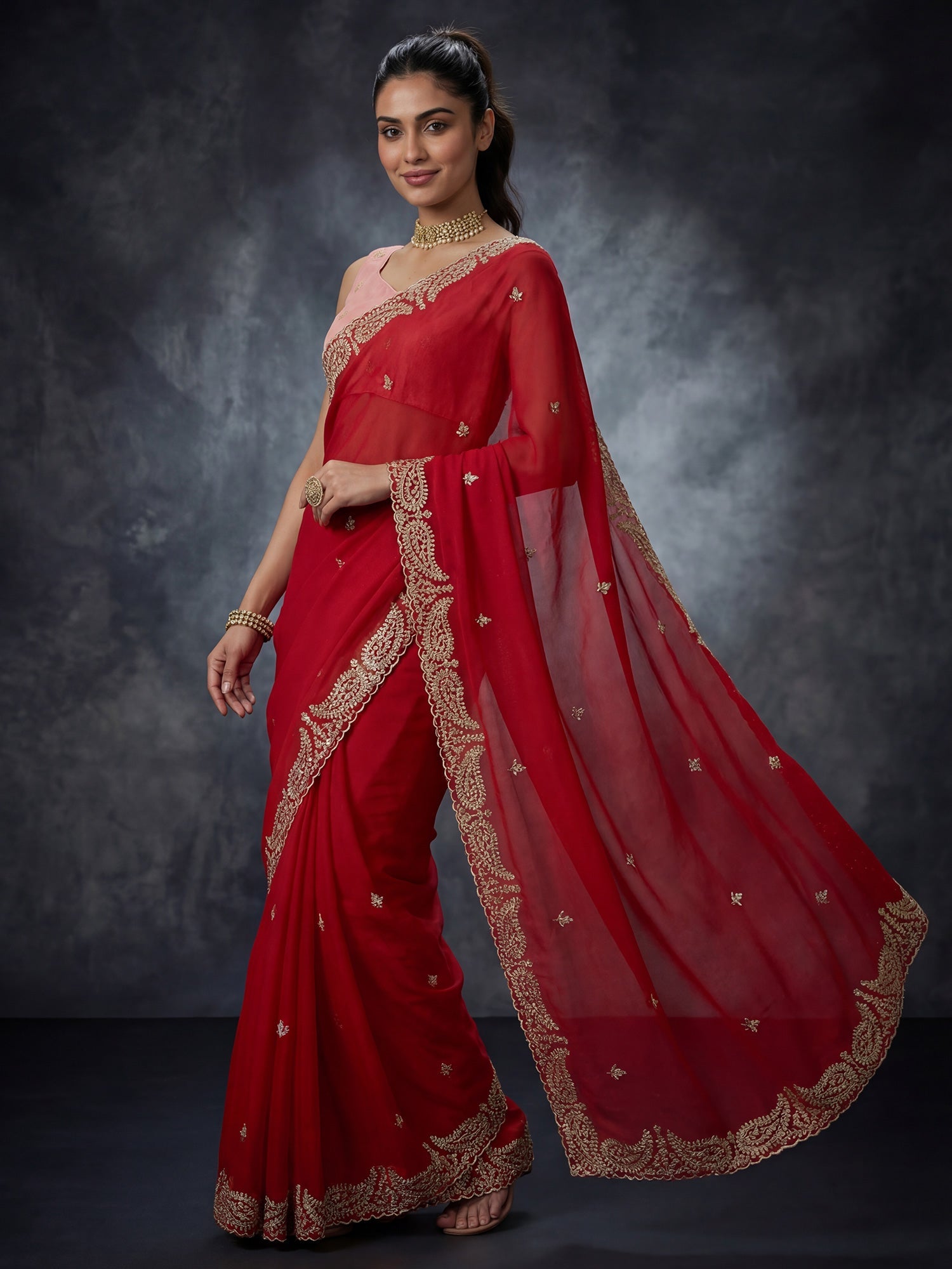Red Georgette Embroidered Scalloped Border Saree - Ressa