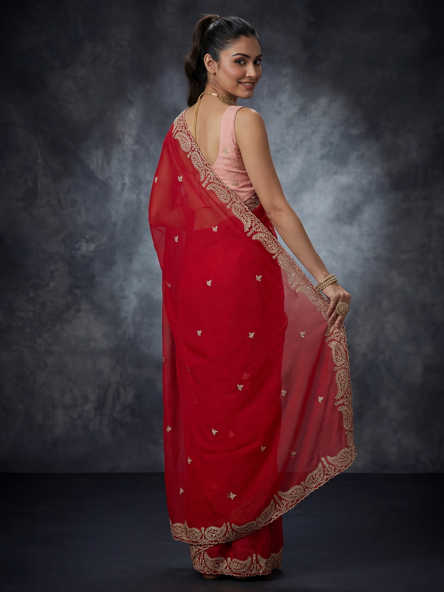 Red Georgette Embroidered Scalloped Border Saree - Ressa
