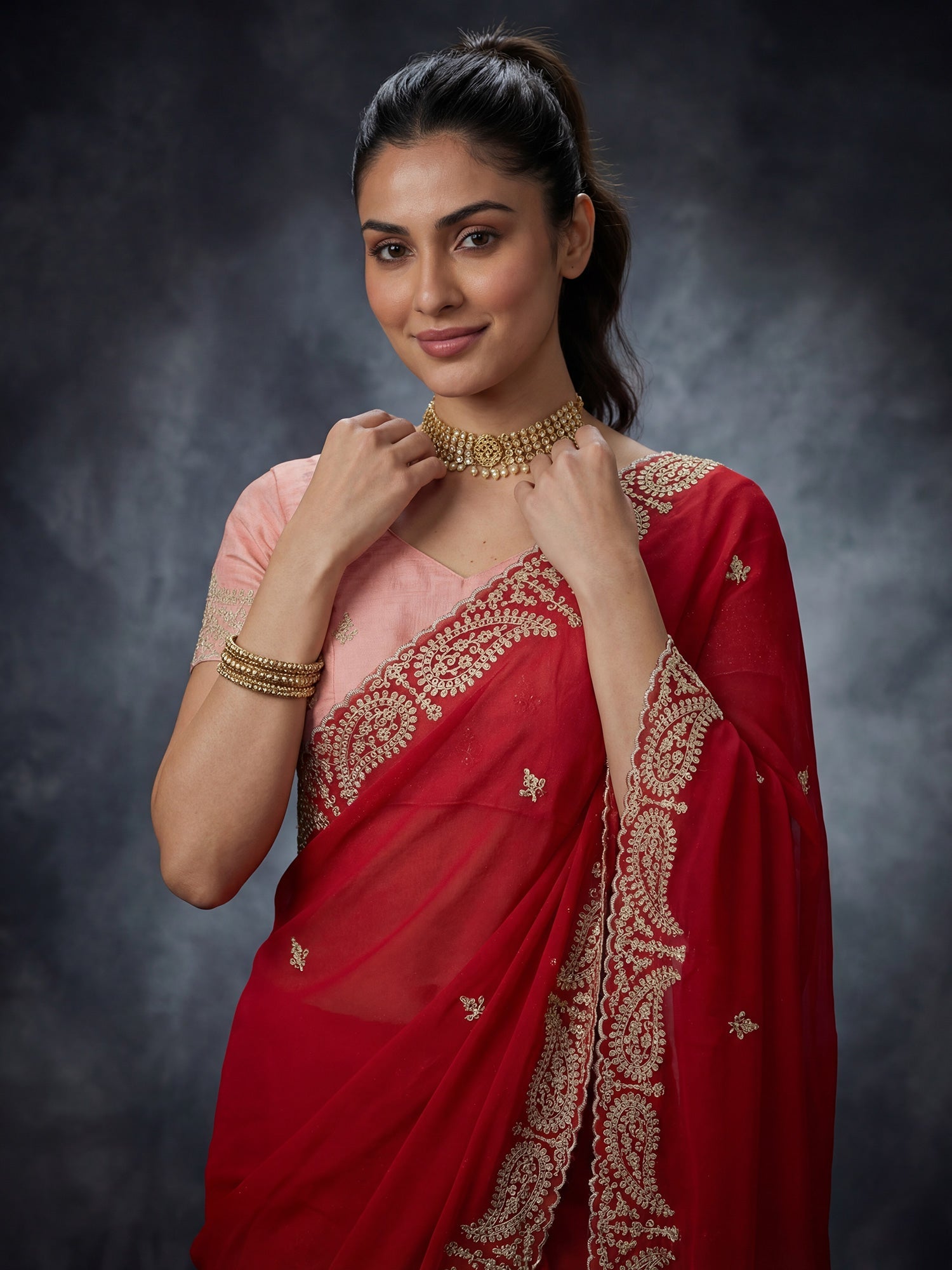 Red Georgette Embroidered Scalloped Border Saree - Ressa
