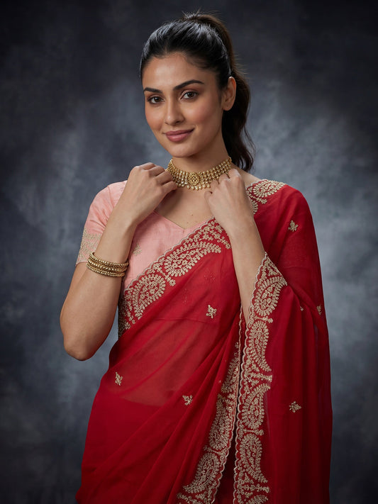 Red Georgette Embroidered Scalloped Border Saree - Ressa