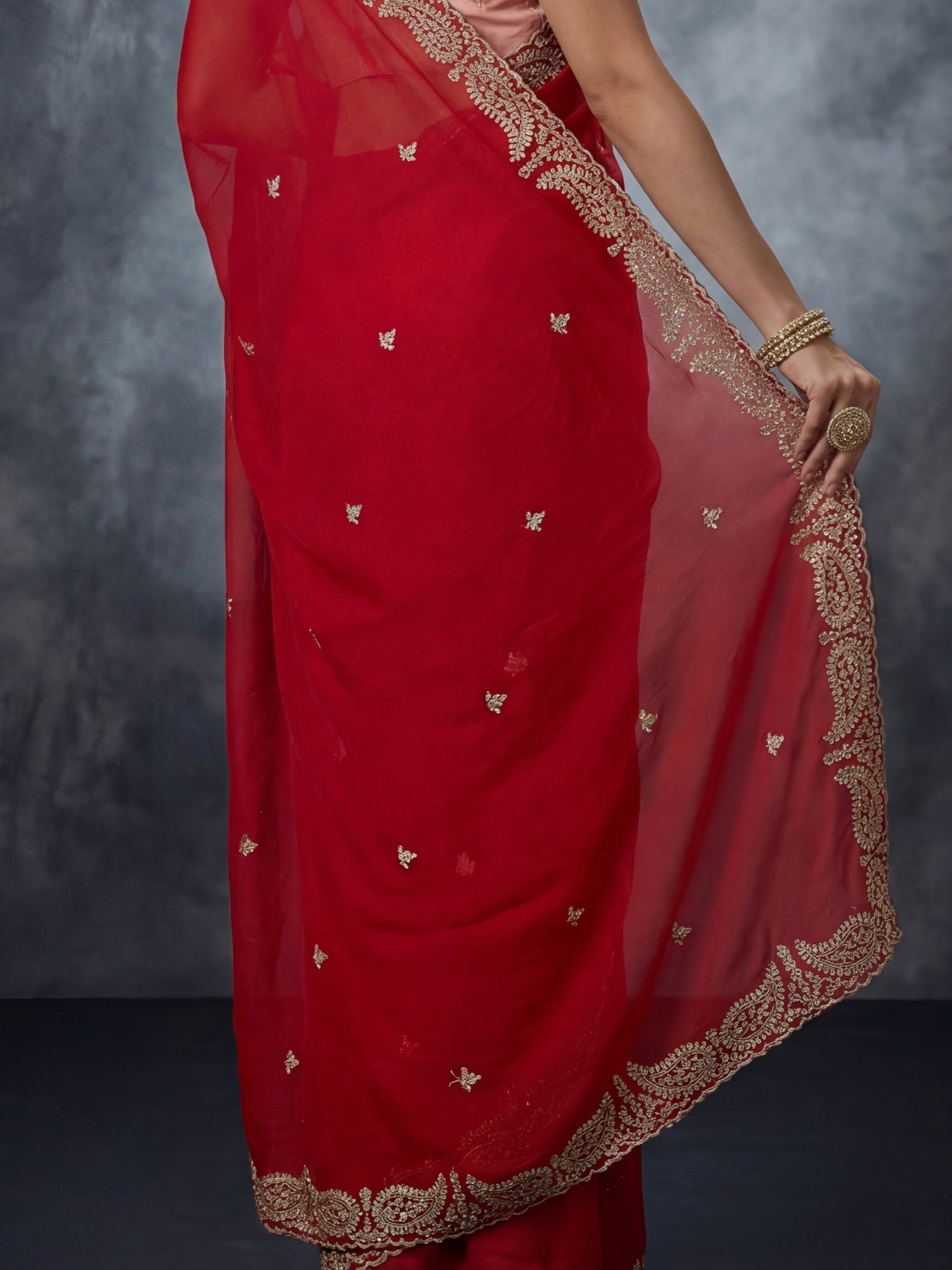 Red Georgette Embroidered Scalloped Border Saree - Ressa