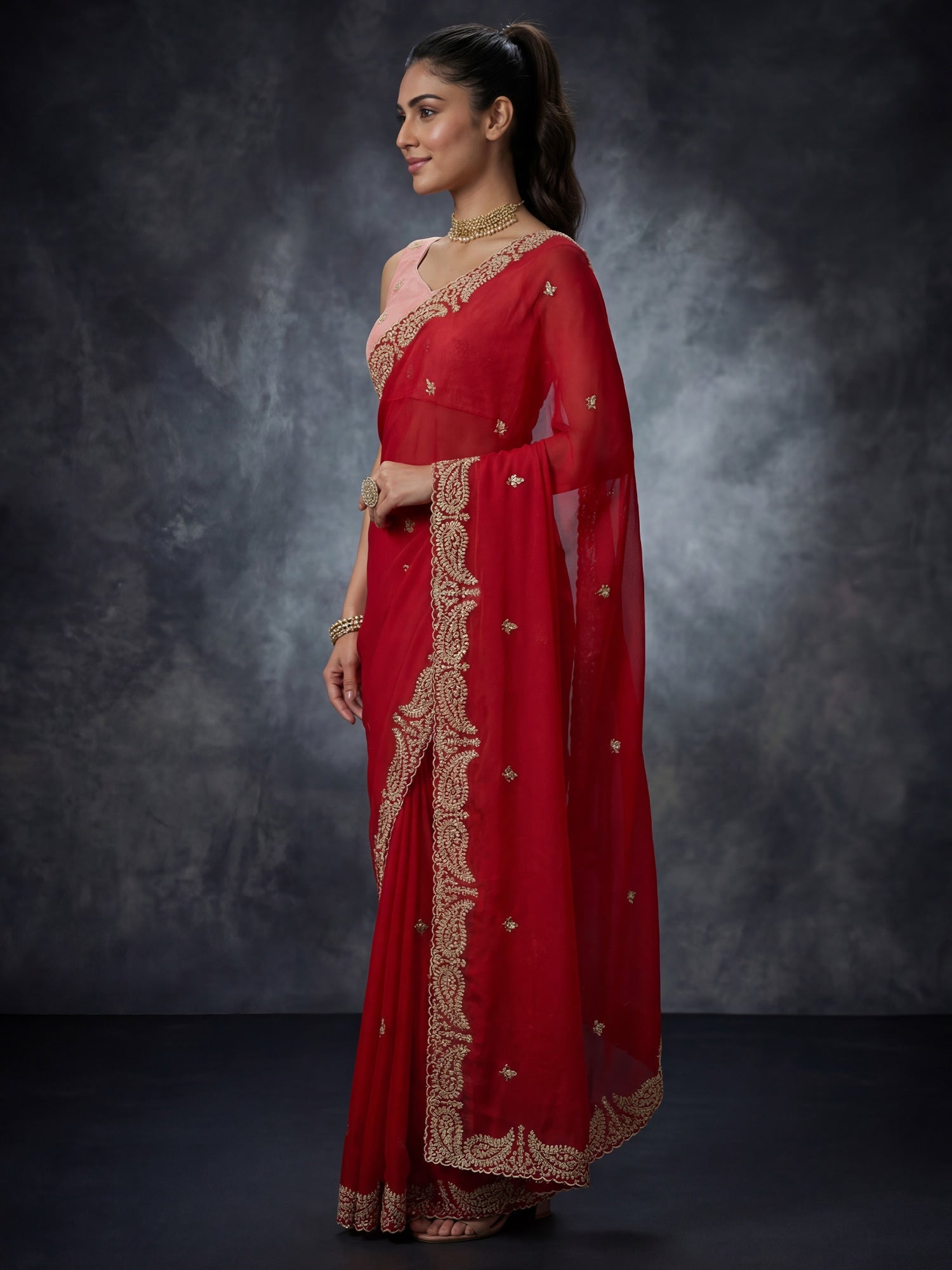 Red Georgette Embroidered Scalloped Border Saree - Ressa