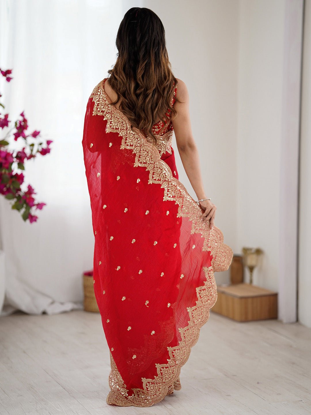 Red Georgette Embroidery Saree - Ressa