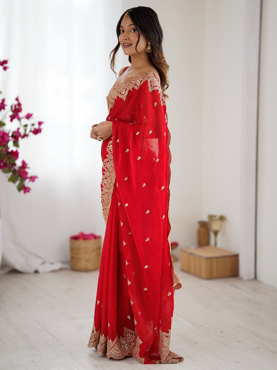 Red Georgette Embroidery Saree - Ressa