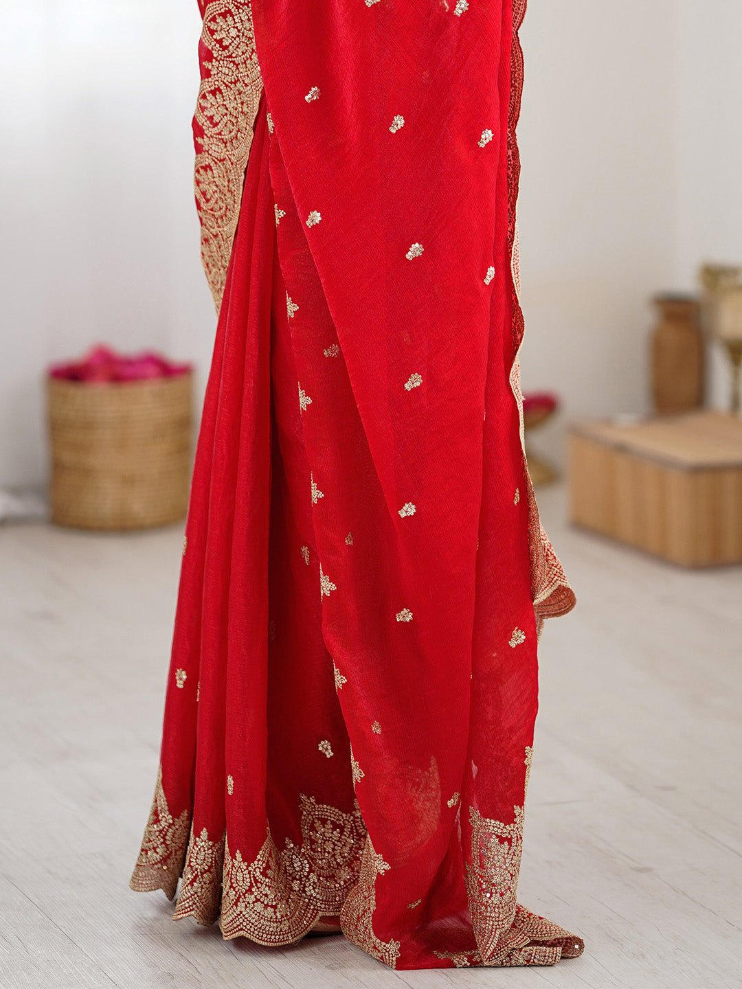 Red Georgette Embroidery Saree - Ressa