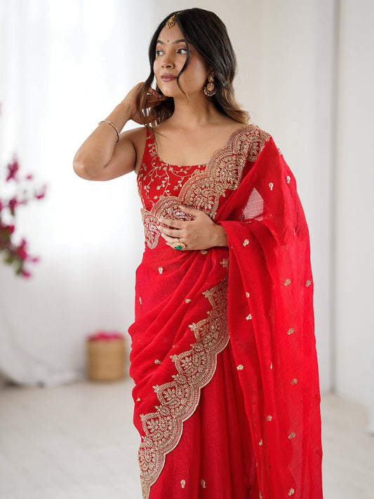 Red Georgette Embroidery Saree - Ressa