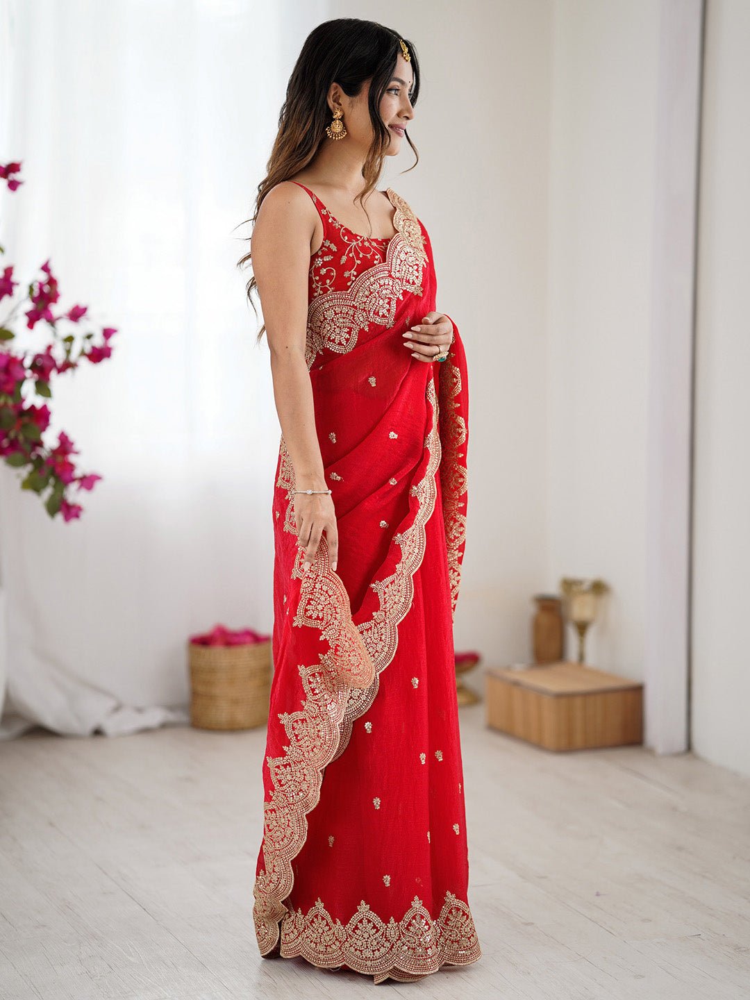 Red Georgette Embroidery Saree - Ressa