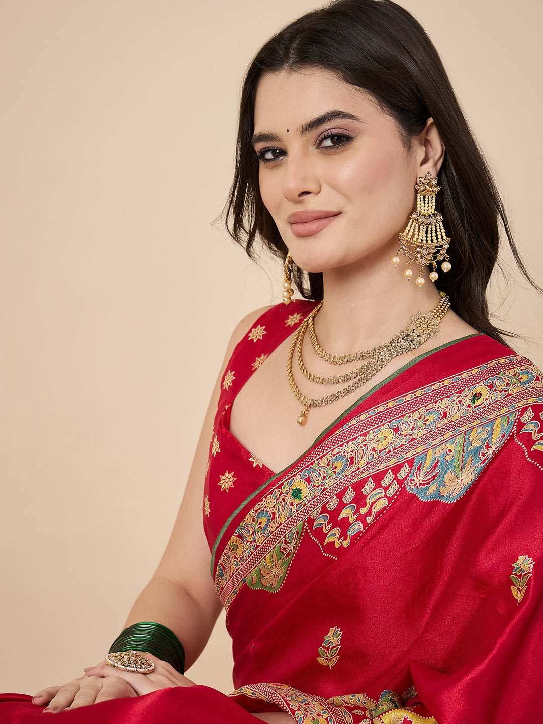 Red Georgette Mirror Work Saree - Ressa