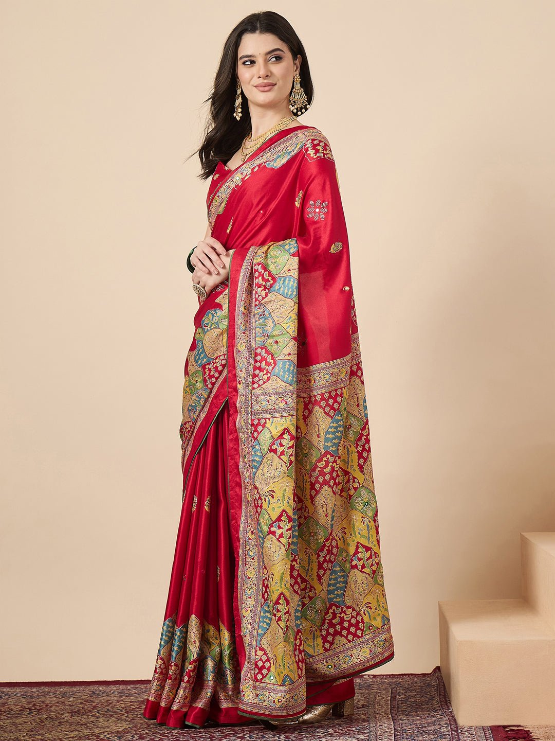 Red Georgette Mirror Work Saree - Ressa