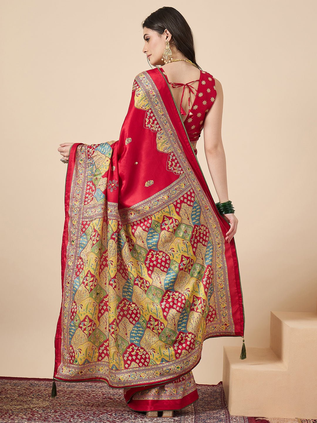 Red Georgette Mirror Work Saree - Ressa