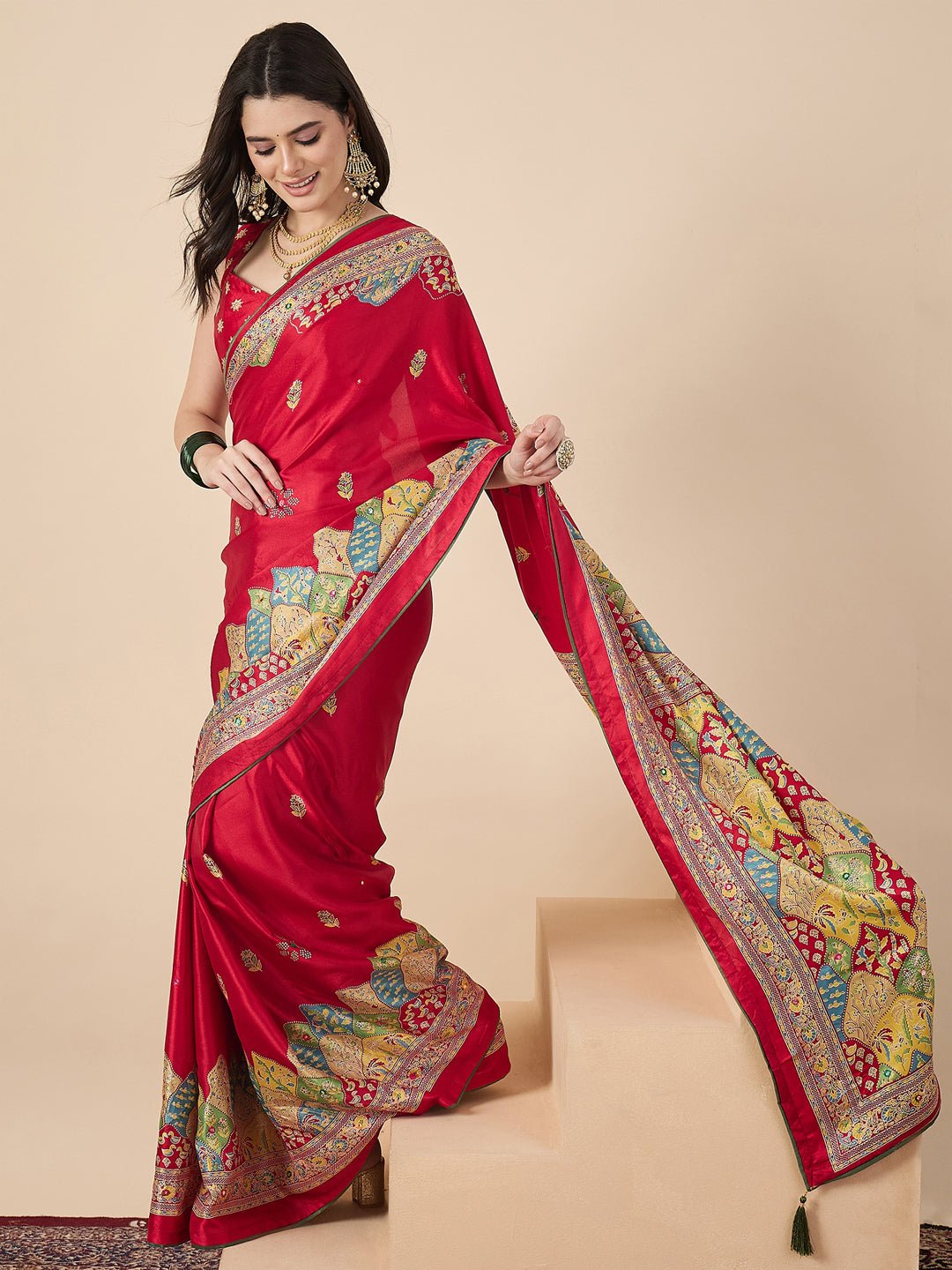 Red Georgette Mirror Work Saree - Ressa