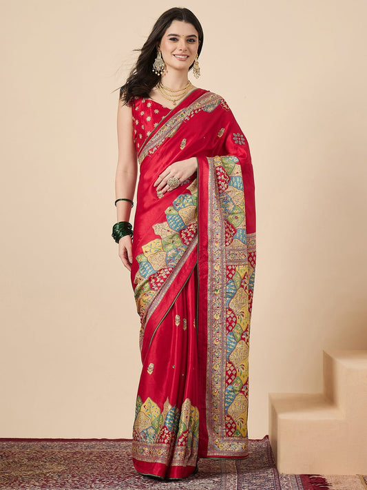 Red Georgette Mirror Work Saree - Ressa