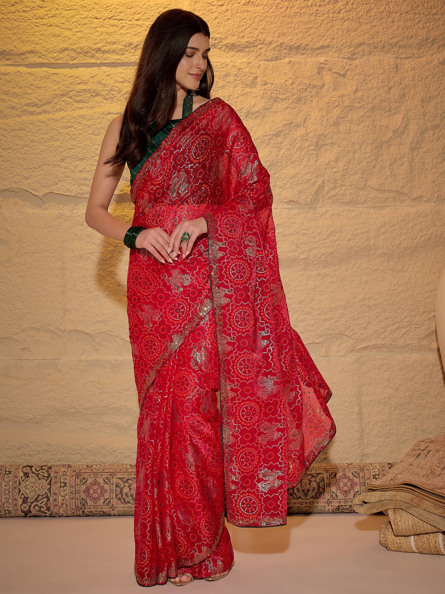 Red Georgette Saree with Bandhani Digital Print - Ressa