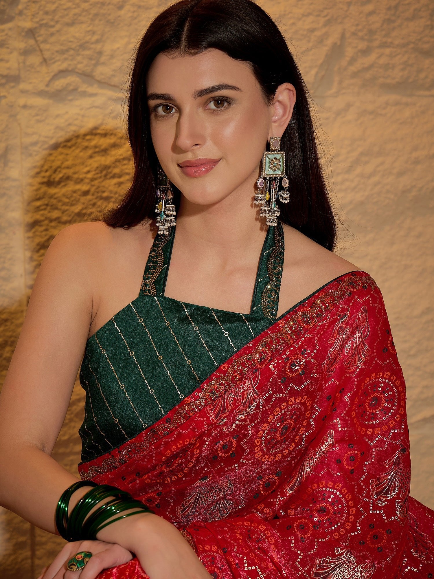 Red Georgette Saree with Bandhani Digital Print - Ressa