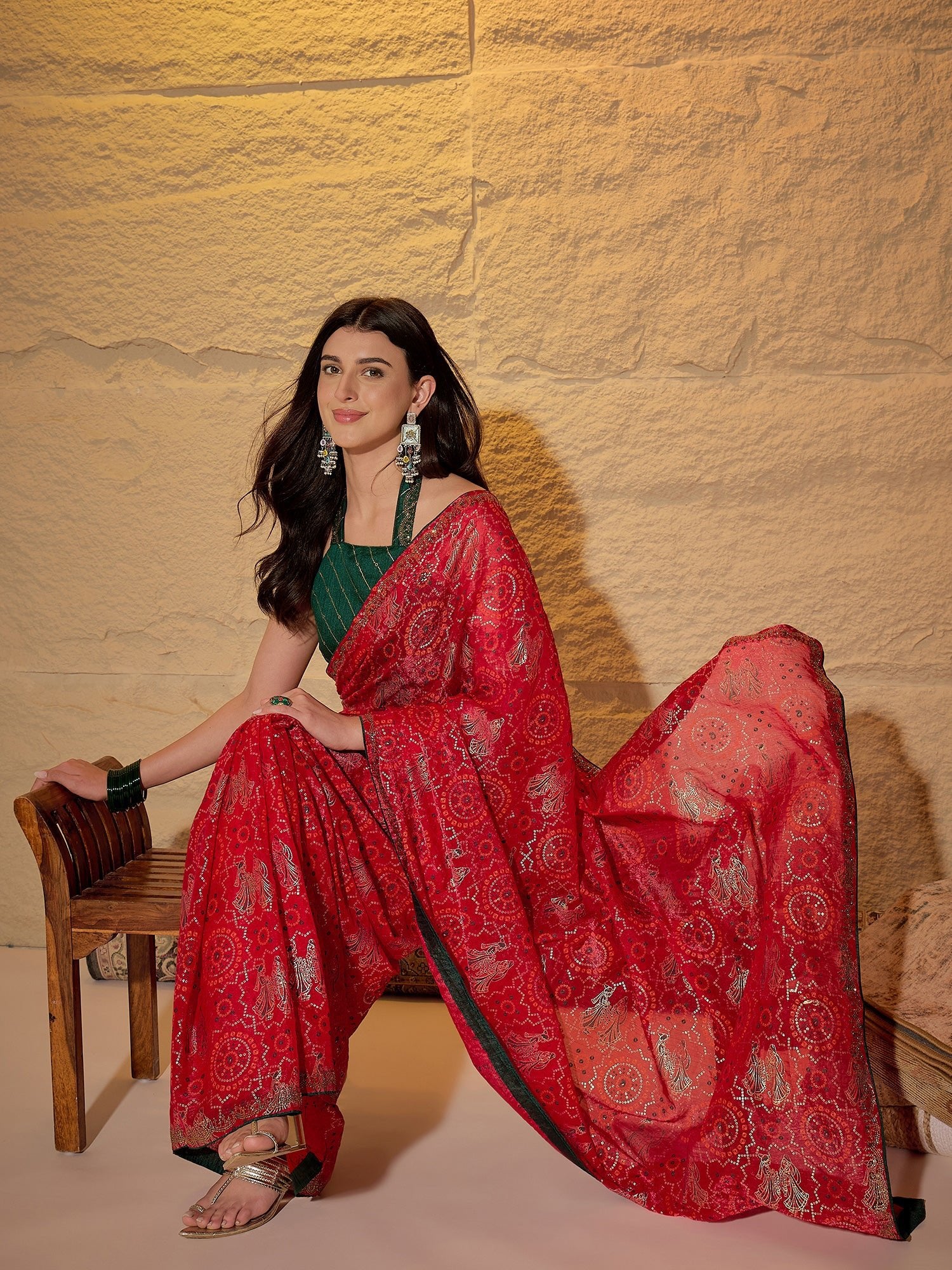 Red Georgette Saree with Bandhani Digital Print - Ressa