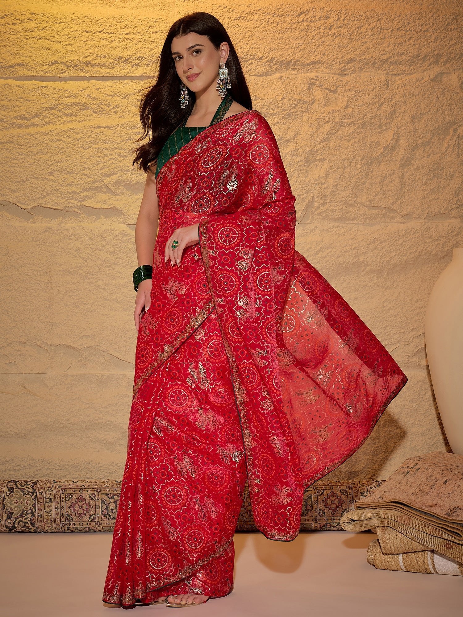 Red Georgette Saree with Bandhani Digital Print - Ressa