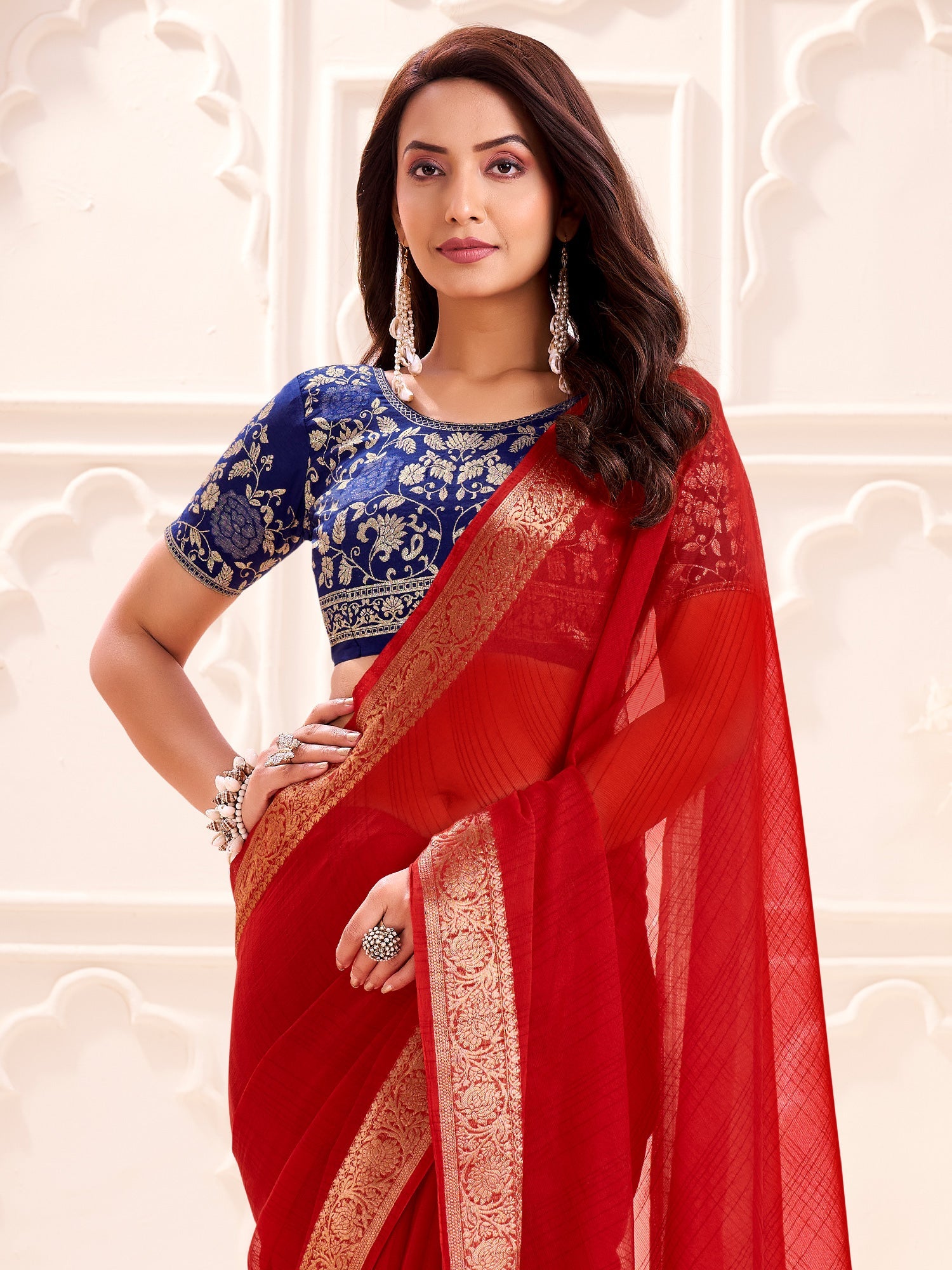 Red Georgette Saree with Blue Banarasi Blouse - Ressa