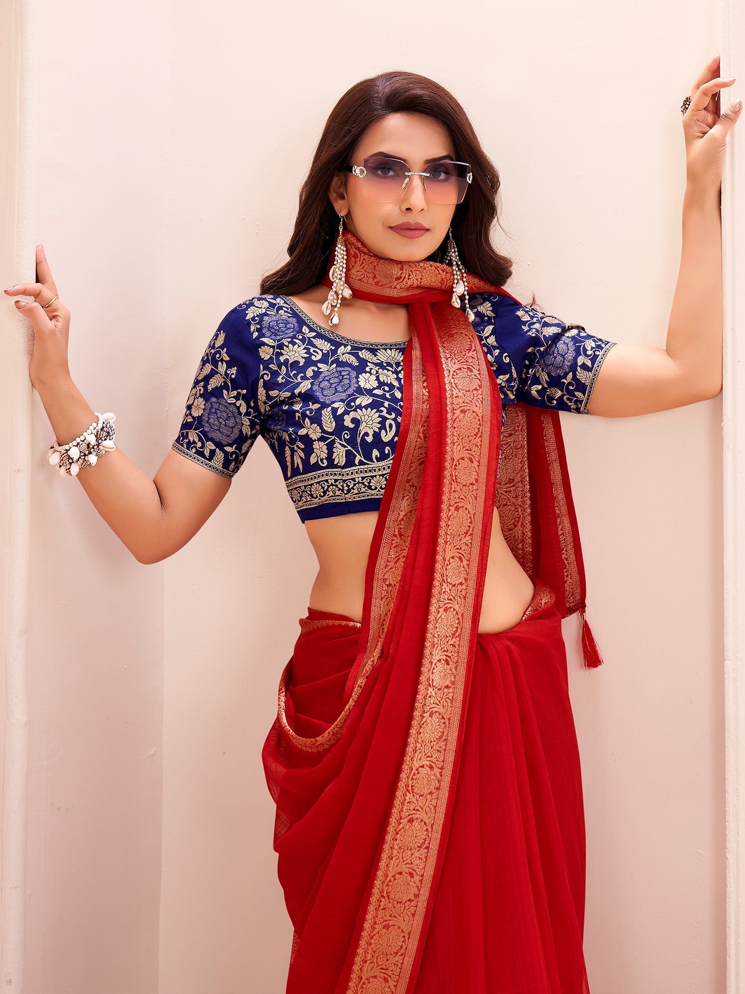 Red Georgette Saree with Blue Banarasi Blouse - Ressa