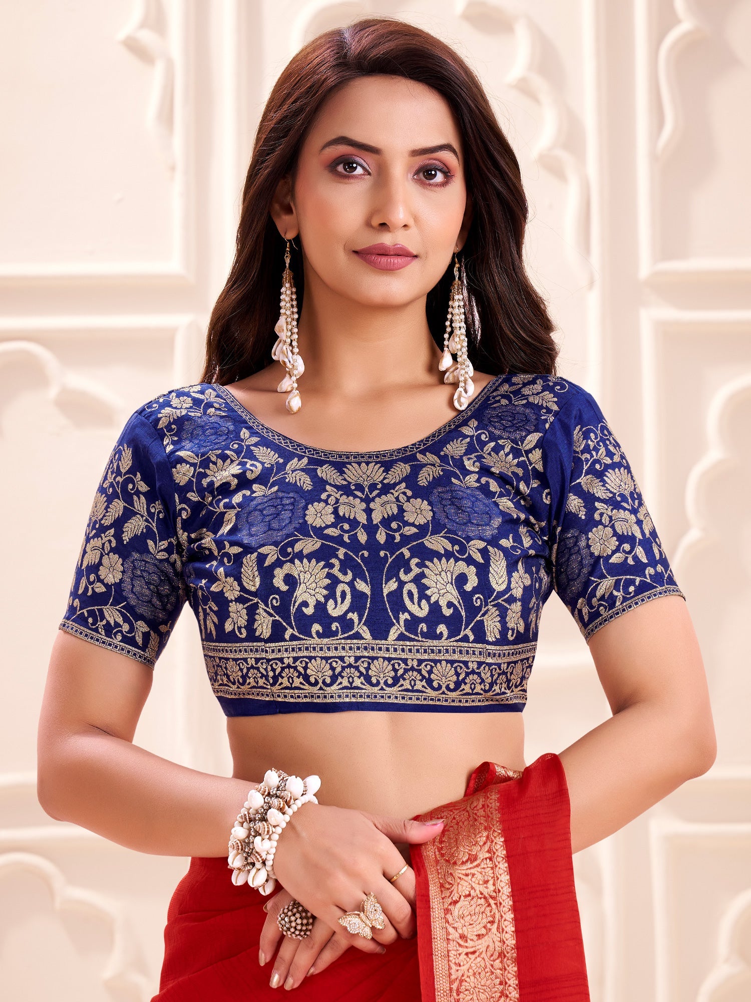 Red Georgette Saree with Blue Banarasi Blouse - Ressa
