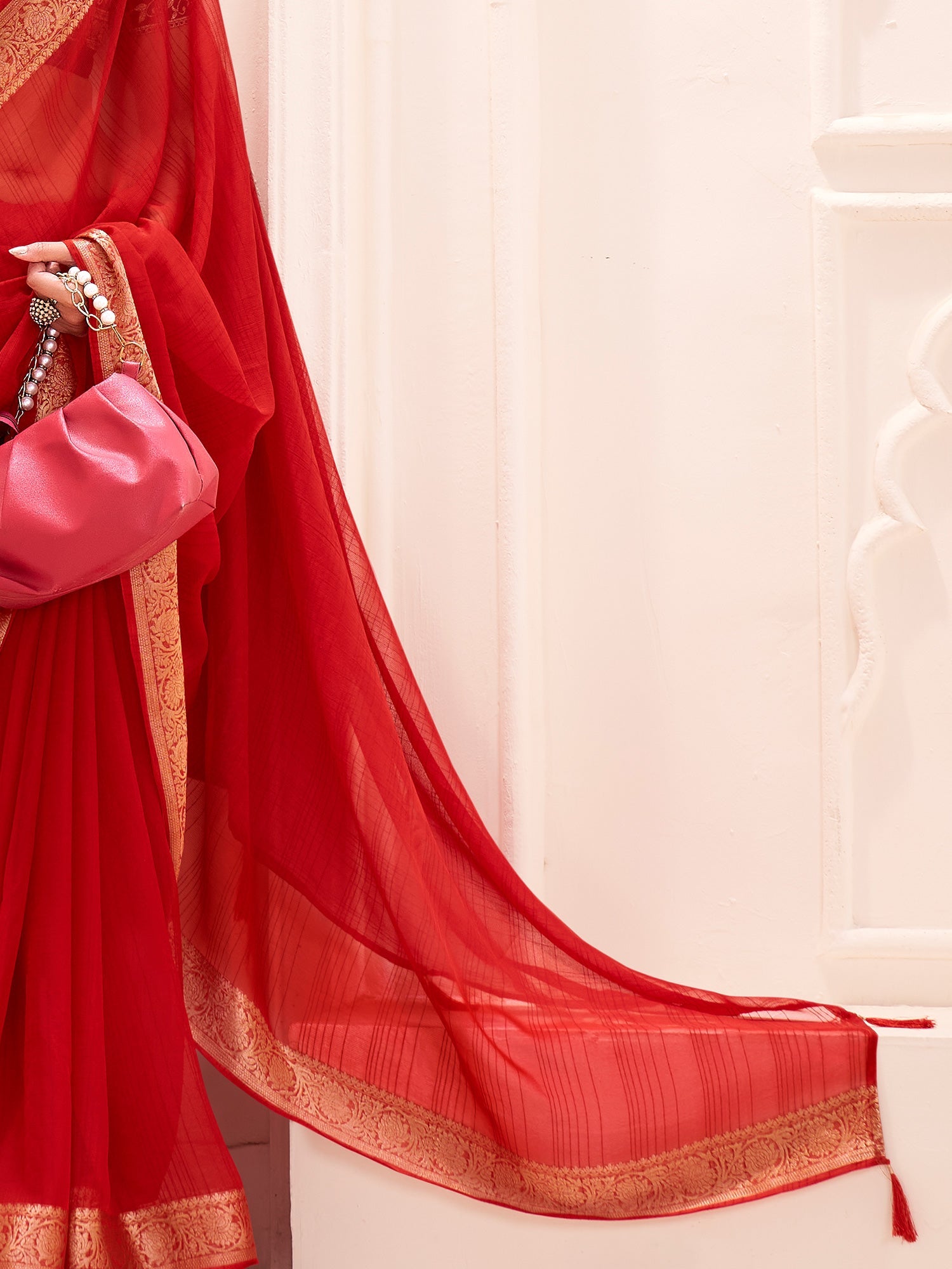 Red Georgette Saree with Blue Banarasi Blouse - Ressa